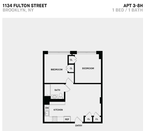 Floor plan for 2 beds, 1 bath, 598 sqft